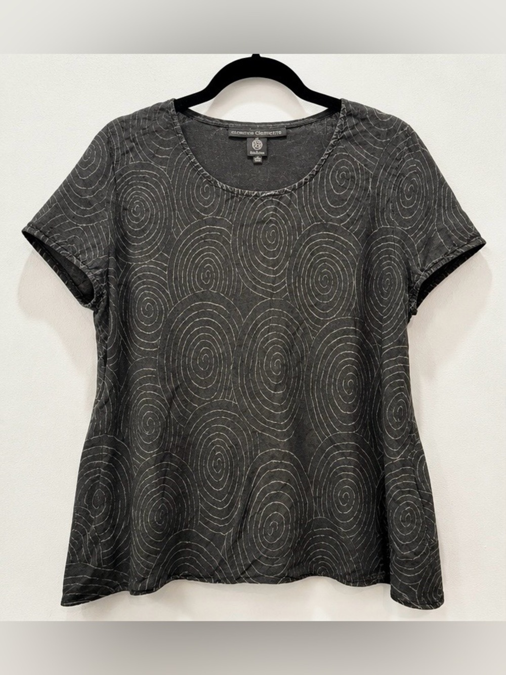 Elemente Clemente 100% Linen Gray Spiral Print Top Lagenlook Medium